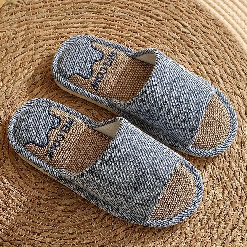 Women Linen Slippers Four Seasons Women Indoor Sandals Adults Cartoon Slides Couples Open toed Breathable Home Shoes image 5