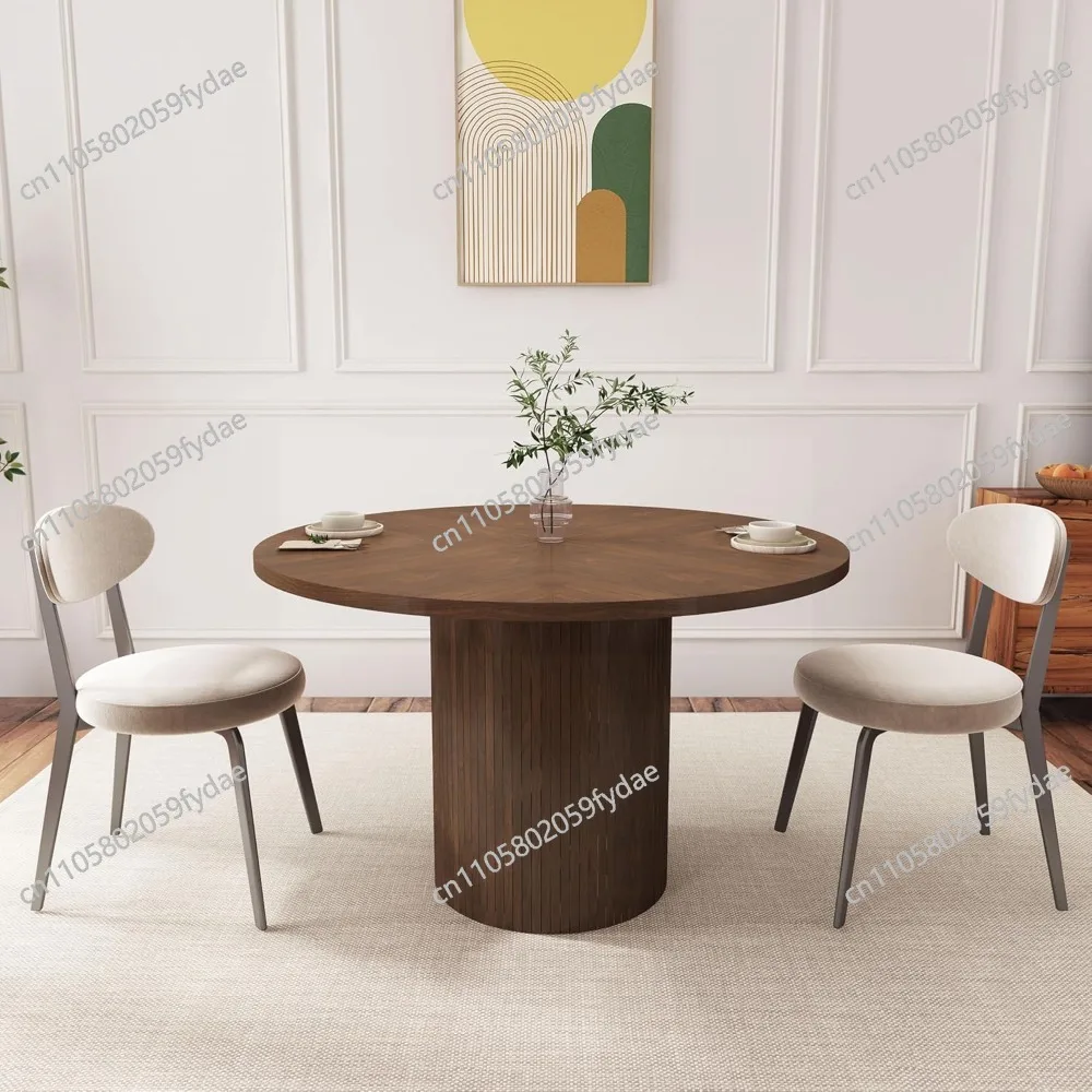 Fluted Round Dining Table, 47-inch Wood Kitchen for 4, Farmhouse Circle Table with Strip Base for Kitchen, Living Room, W