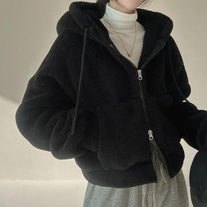 

Double zipper lamb wool coat women's autumn/winter thickened hoodie