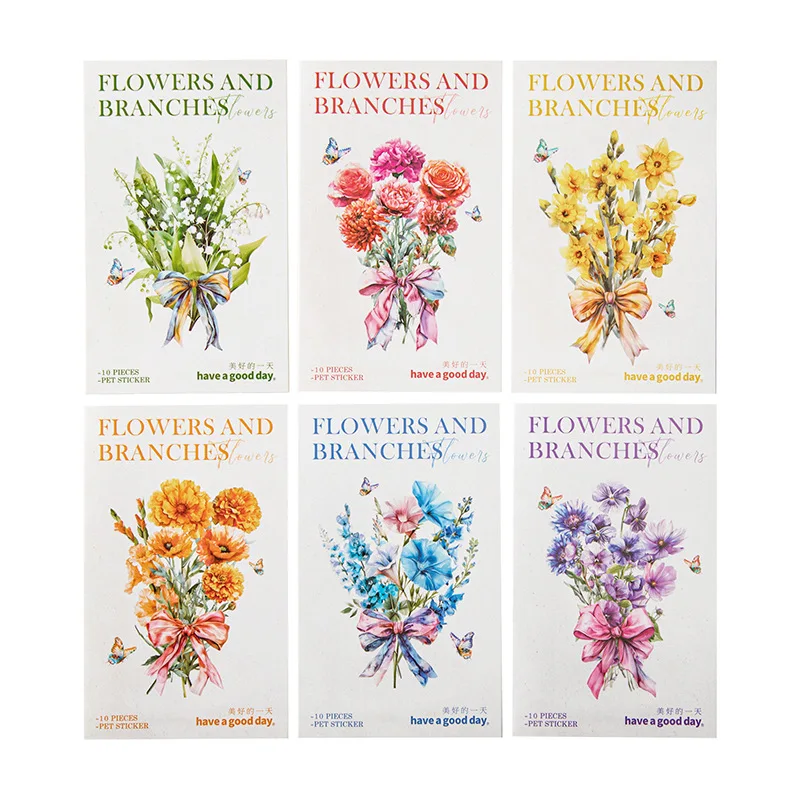 10 Sheets Stickers Flower Vine of PET Stickers Long Branch Floral Series 6 Types of Handbook Decorative Stickers