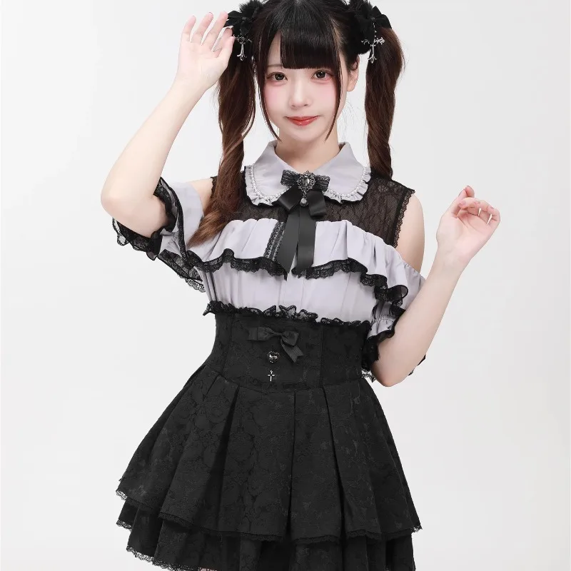 2025 Summer Pearl Collar Off-the-shoulder Short-sleeved Shirt Japanese SC Sweet And Cute Single-breasted Blouse Women's Clothing