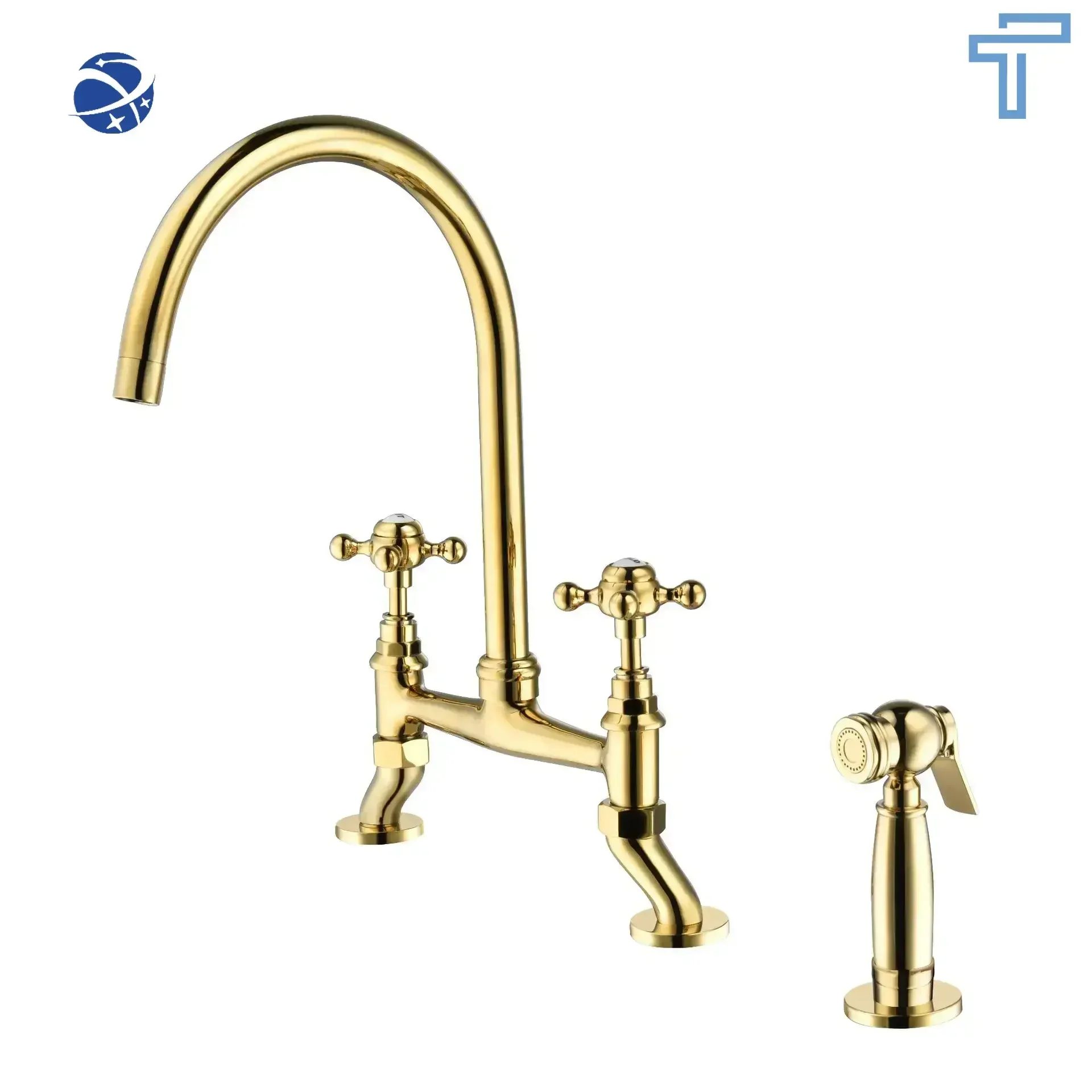 

Original brand newUnlacquered Brass Kitchen Faucet Solid Brass 8" Bridge Faucet with Cross Handles and Straight Legs