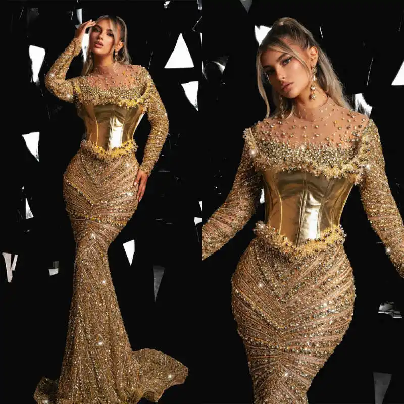 

Stunning Diamond Mermaid Evening Dresses High Collar Long Sleeve Beading Crystal Party Prom Party Dresses Customized