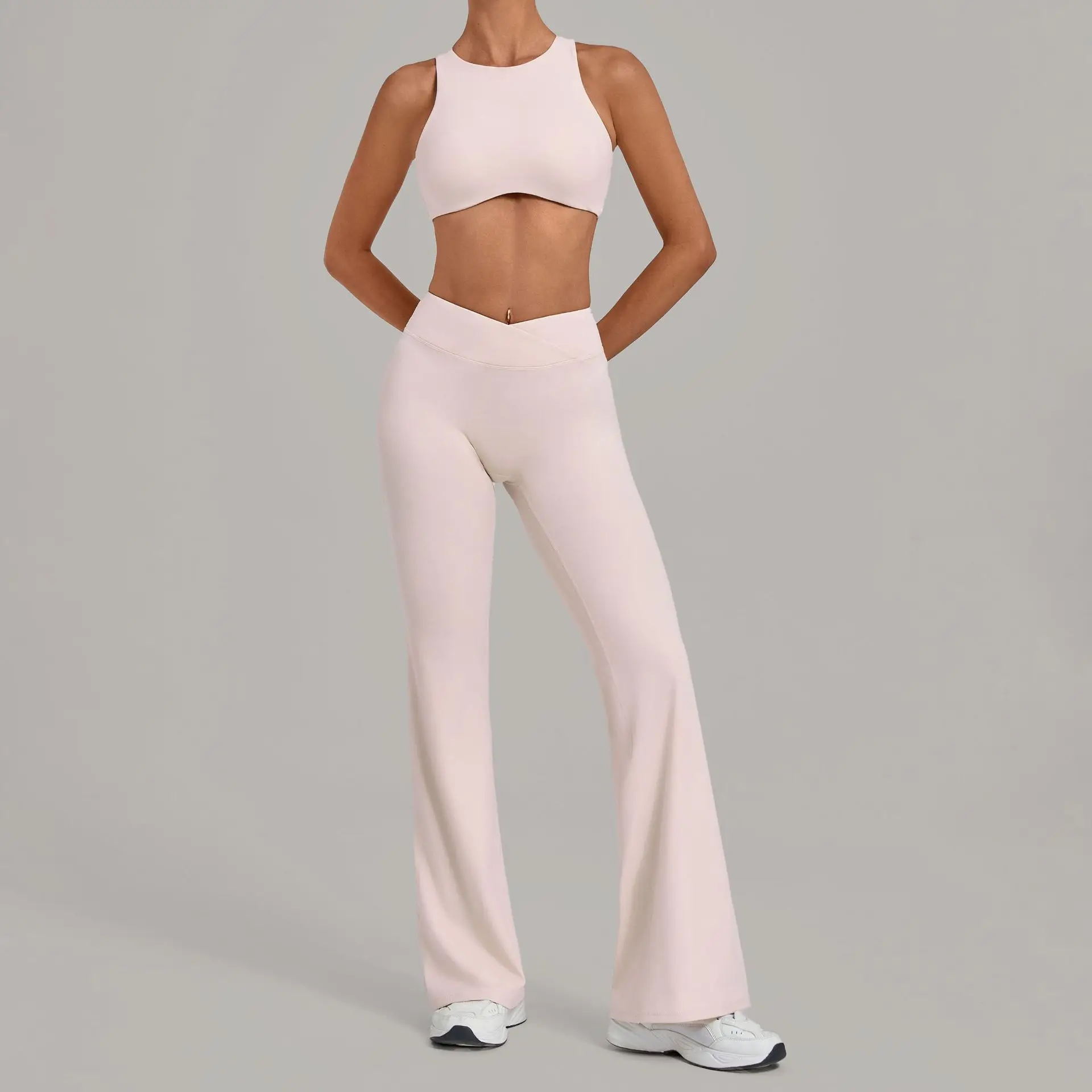 Women 2 Piece Yoga Set High Neck Open Back Sports Bra and V Waist Flare Leggings Workout Gym Athletic Outfits Female Activewear