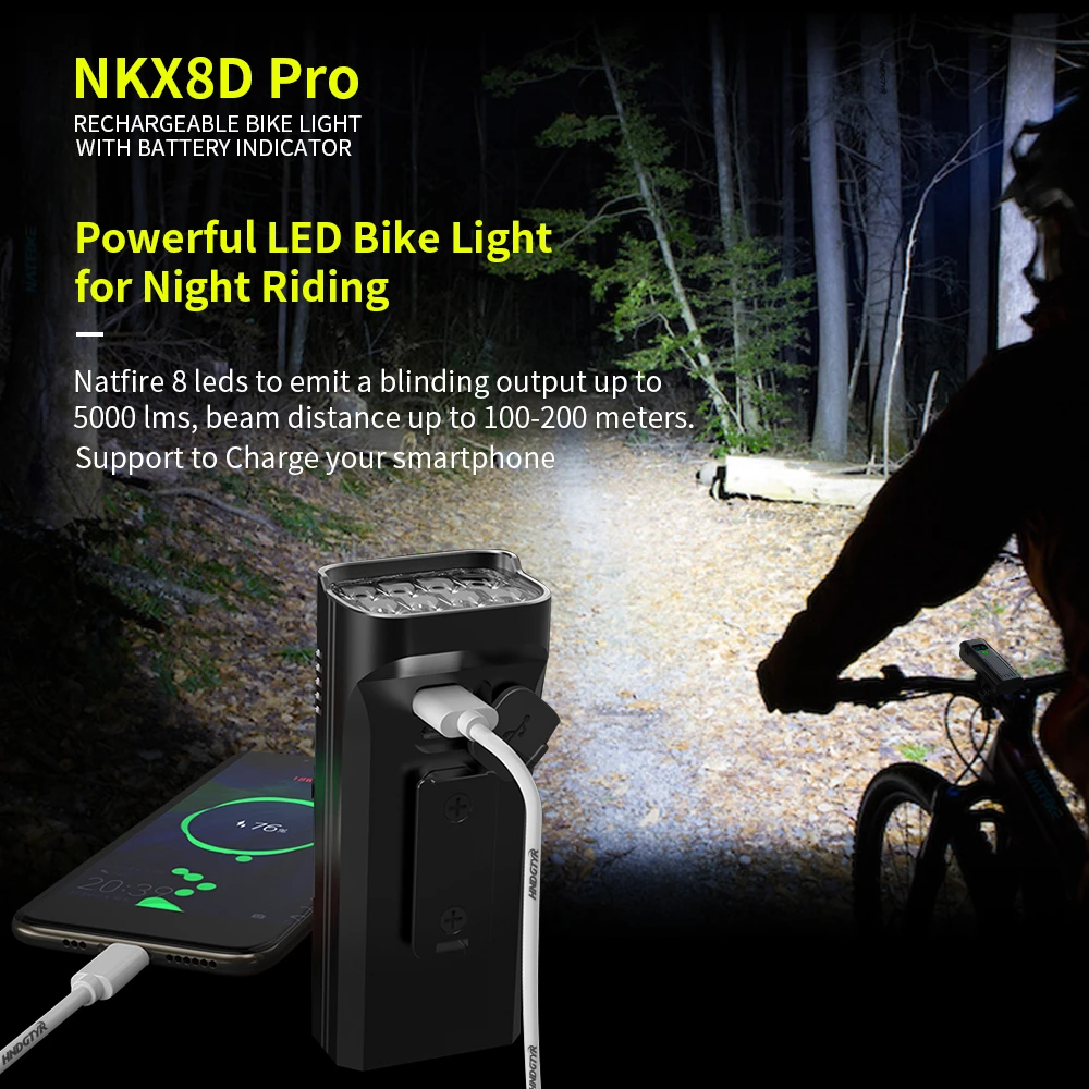 NATFIRE 10000mAh Bicycle Light with Battery Indicator USB Rechargeable Bike Light Set 8 LED Flashlight