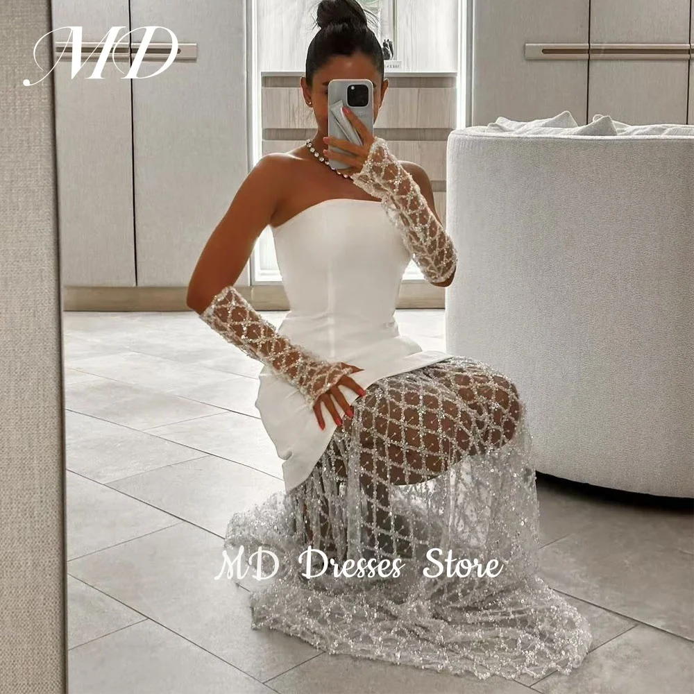 MD Modern Shinny White Evening Gown Strapless Crepe Prom Down Special Occasions Formal Gowns For Dubai Women Customised 2025