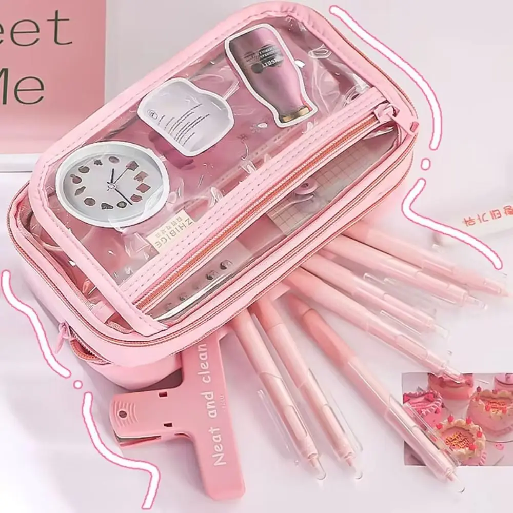 Kotak Pensil Transparan Multi Lapis Ritsleting Tas Pena Transparan Kapasitas Besar INS Kotak Alat Tulis Macaron Anak-anak