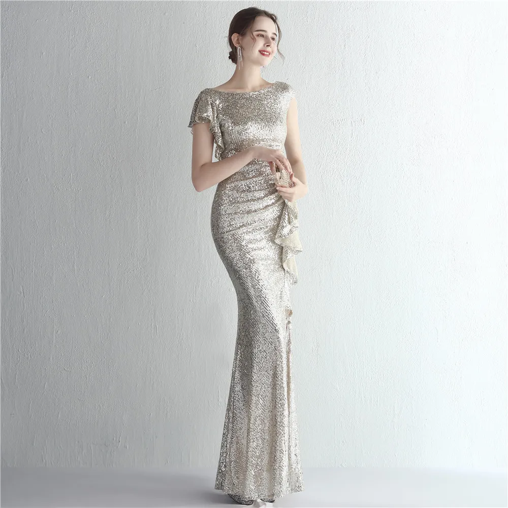 Women's Sheath Sleeve Sequin V-Neck Front Slit Long Dress Formal Party Evening Dress