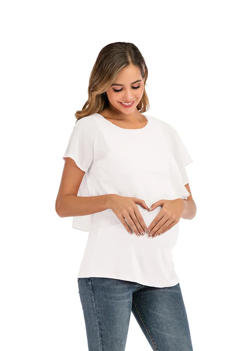 Hot Sale Women Pregnant Nursing T-Shirts Wrap Tops Double Layer Blouse Parturients Casual Comfort Tees Pregnant Clothes Summer