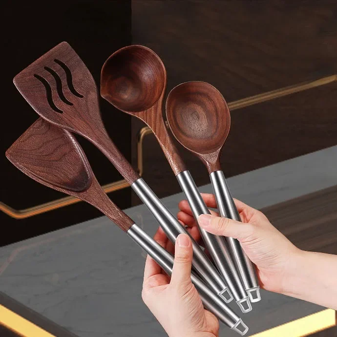 Walnut 304 Stainless Steel Kitchenware Set For Kitchen Household Kitchen Spoon Thickened Non-stick Pan Spatula Novel Accessories