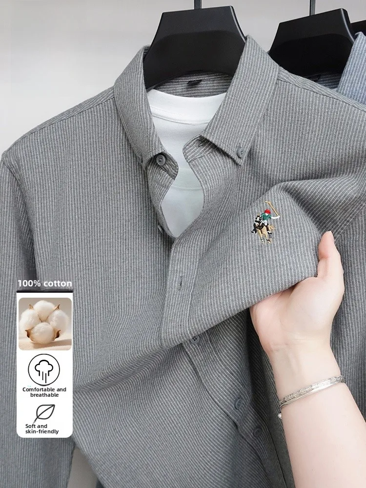 

Lnd High End 00% Cotton Long Sve Casual irt Men's Spring Autumn Embroidered Striped Collar mid Youn Busin irt