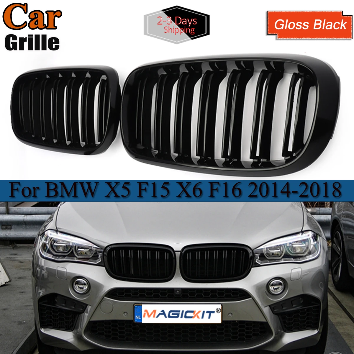 MagicKit 1 Pair Front Kidney Grille For BMW F15 F16 X5 X6 F85 F86 X5M X6M 2014-2017 Grills Gloss Black Replacement Part