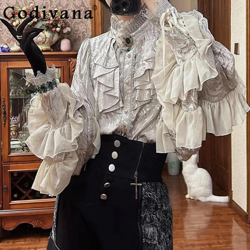 

Gothic Lolita Shirt Women Autumn Winter Fashion Elegant Loose Batwling Sleeves Lace-up Heavy Industry Blouses Vintage Top Mujer