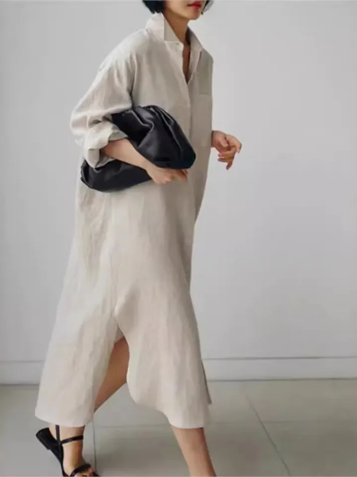 여성용 캐주얼 솔리드 셔츠 드레스, 패션 오피스룩, 긴팔 턴다운 칼라 버튼 루즈핏 드레스, 여성용 휴가복