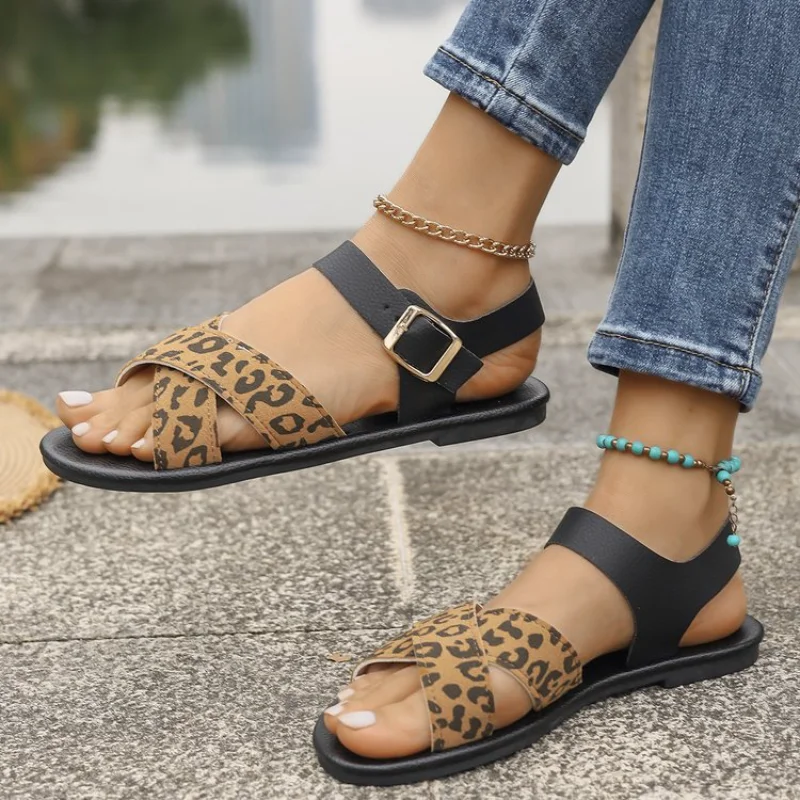 Women Leopard Color Block Crisscross Open Toe Flat Roman Sandals, Adjustable Buckle Ankle Strap Casual Summer Outdoor Shoes