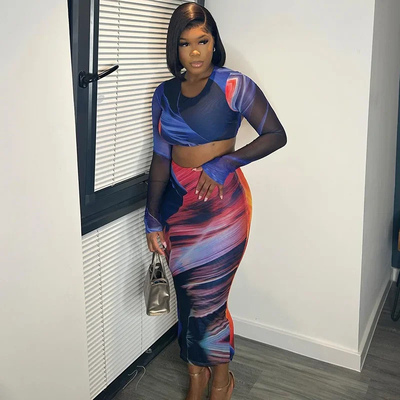 

Print See Through Mesh Women Sexy 2 Piece Set O-neck Long Sleeve Lace Up Backless Crop Tops + Bodycon Maxi Skirts Holiday Suits
