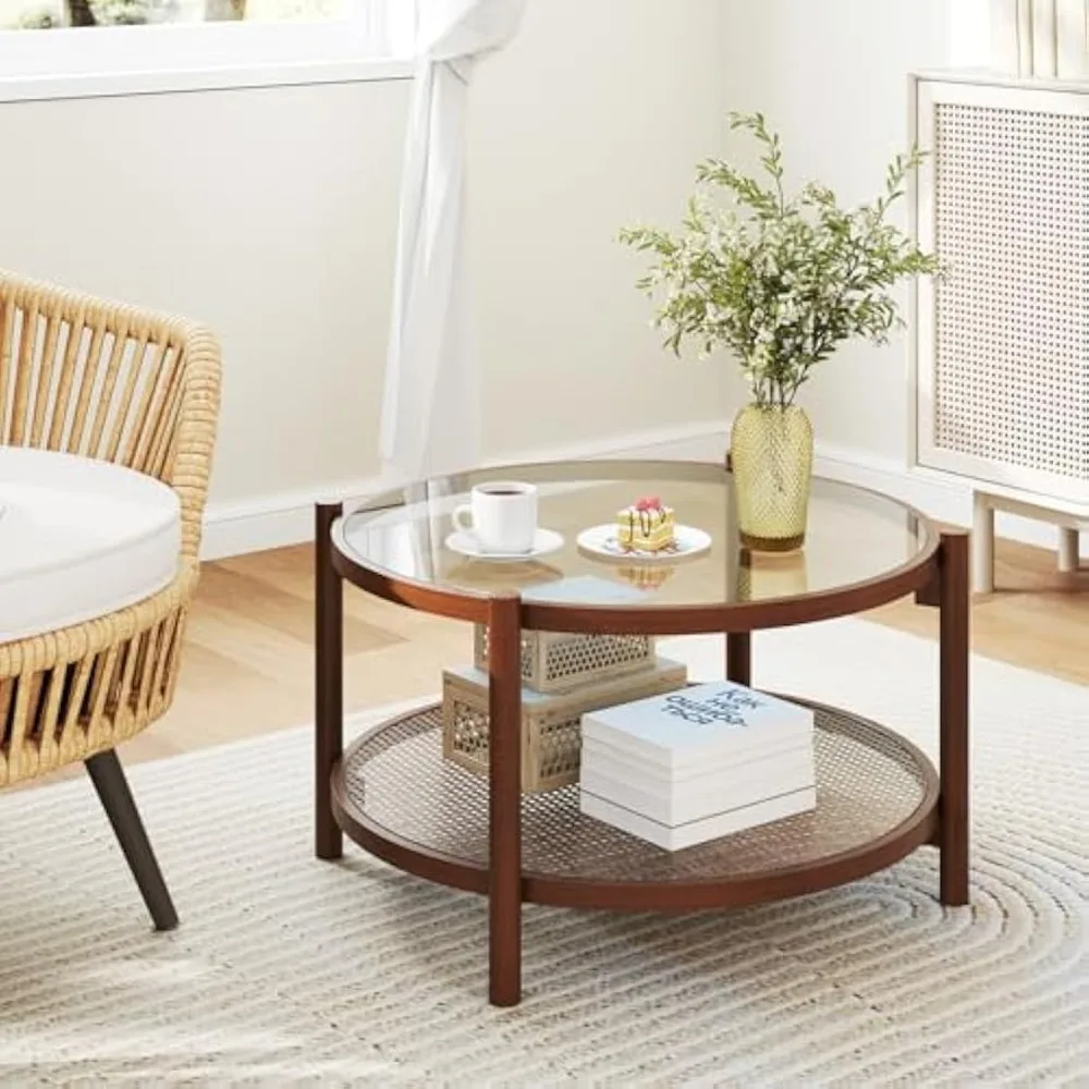 Mesa de centro de ratán estilo Boho con estructura de madera maciza, tapa de vidrio templado y estante de almacenamiento de ratán PE