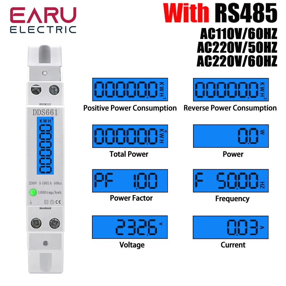 Wattímetro Monofásico com Luz de Fundo Display Digital Lcd Medidor de Consumo Kwh 60a 110v 230vac 50hz Watt Trilho Din Medidor de Energia