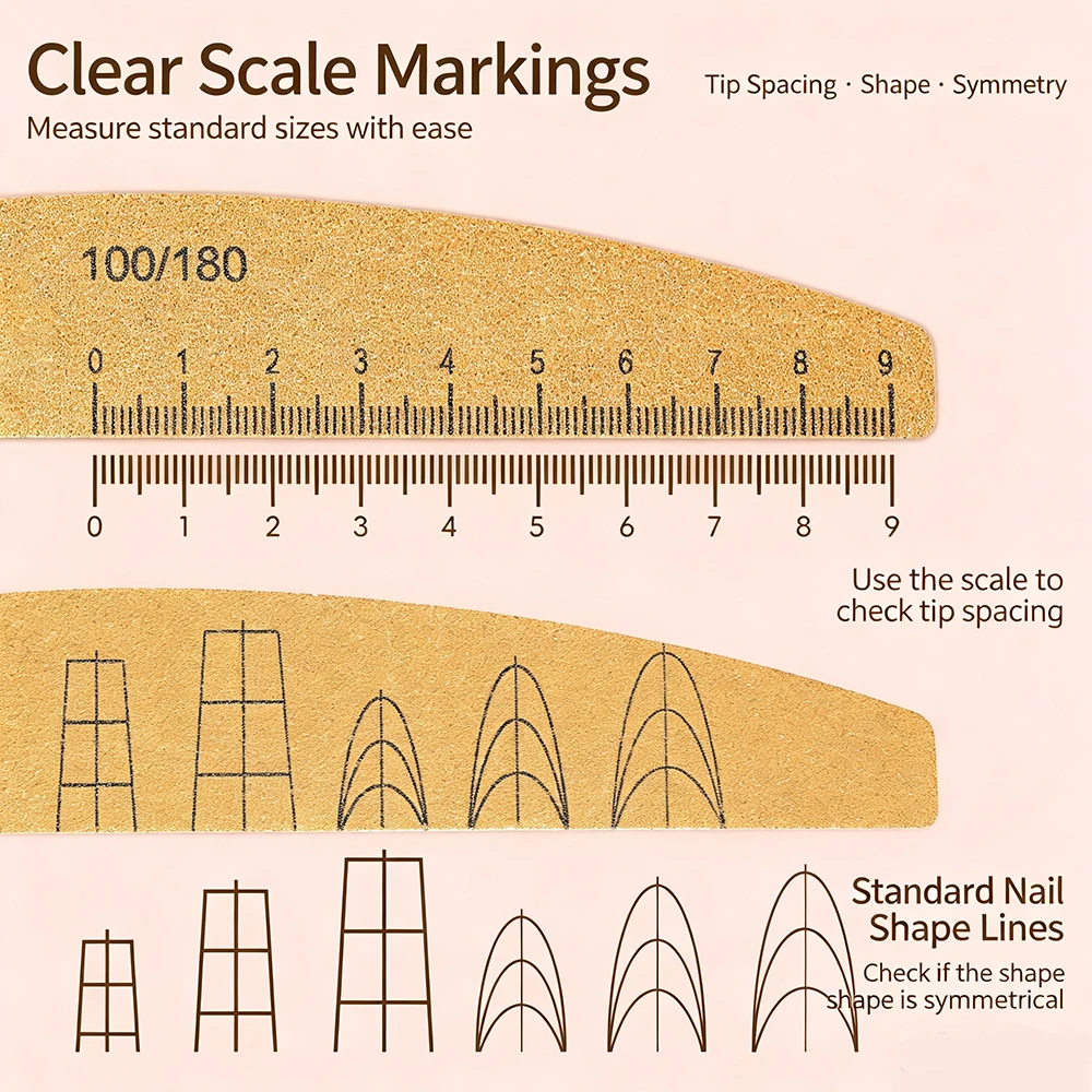 50Pcs Nail File With Scale Nail Shape Line 100/180 Grit Gold Sandpaper Nail File Ruler Check Tip Spacing Symmetry Manicure Salon