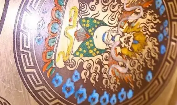 Old Bronze Painted Sanskrit Pattern GARUDA Buddha Buddhist Music Bowl Scripture Worship Hall