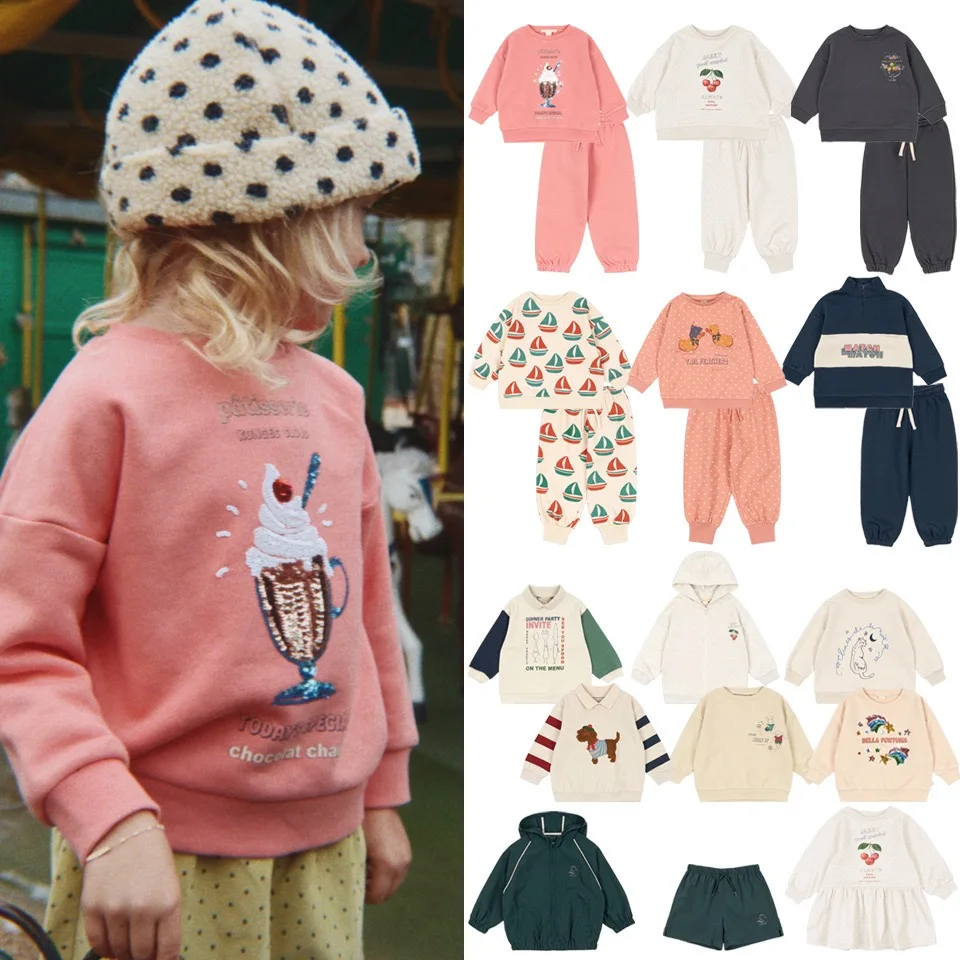 Kids' Sweatshirt New 2026 Spring/Summer New Arrival Cartoon Fashion Boys' Girls' Short-Sleeve 100% Cotton Casual Sweatshirt Set