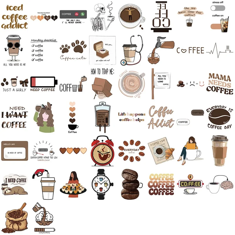 10/30/50PCS Cartoon Coffee Colored PVC Sticky Sticker Aesthetic DIY Decoration Scrapbooking Phone Hand Accounting Supplies view 2