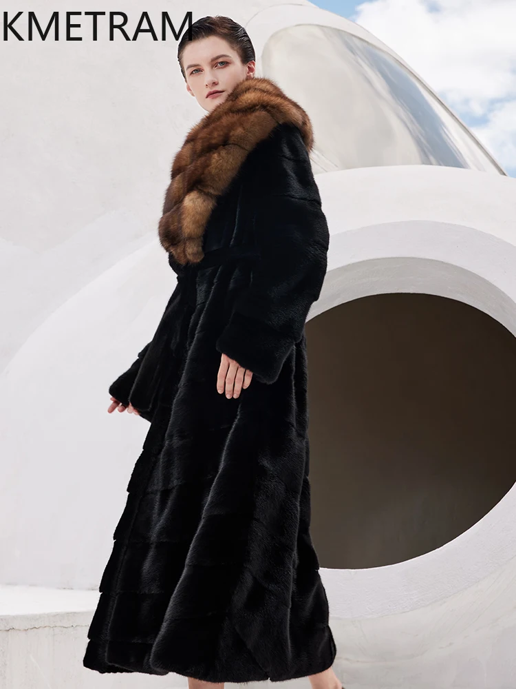 100% Natural Mink Fur Jacket Woman High Quality Long Real Fur Coat Sable Collar Winter Coats Women Clothing 2025 шуба женская