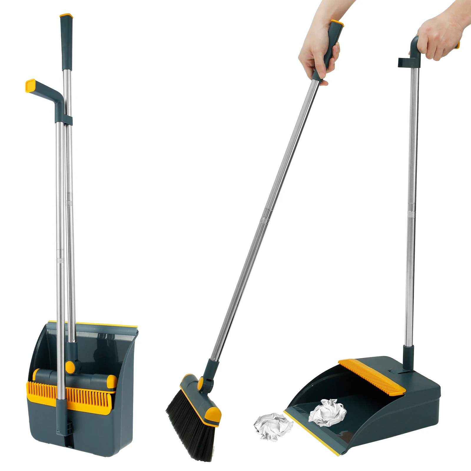 Long Handled Dustpan and Broom Set 180° Rotatable Standing Dustpan and Brush Portable Dustpan Combo Set with Scraper Teeth