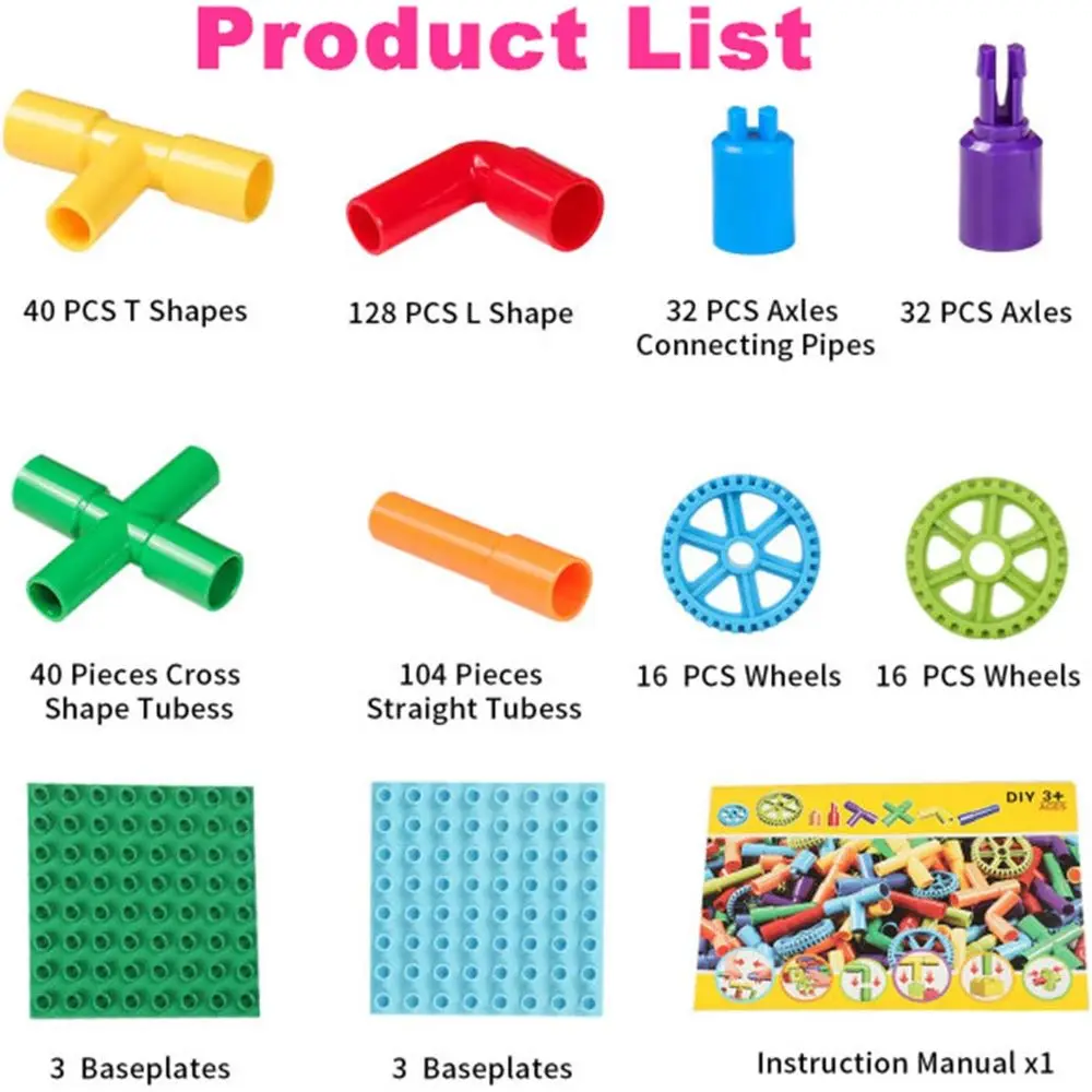 Set di apprendimento STEM: serrature a tubo ad incastro da 426 pezzi con ruote per bambini dai 3 anni in su