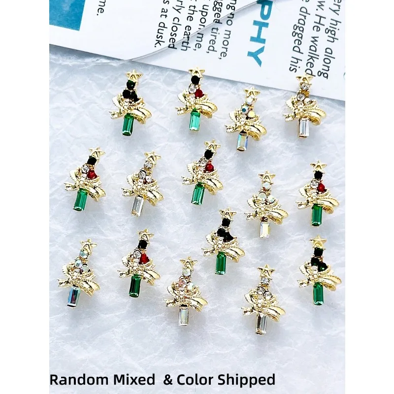 10Pcs Random Mixed Color Alloy Christmas Nail Charms, 3D Flat Bottom Xmas Tree Ornaments DIY Handmade Nail Art Decor Accessories