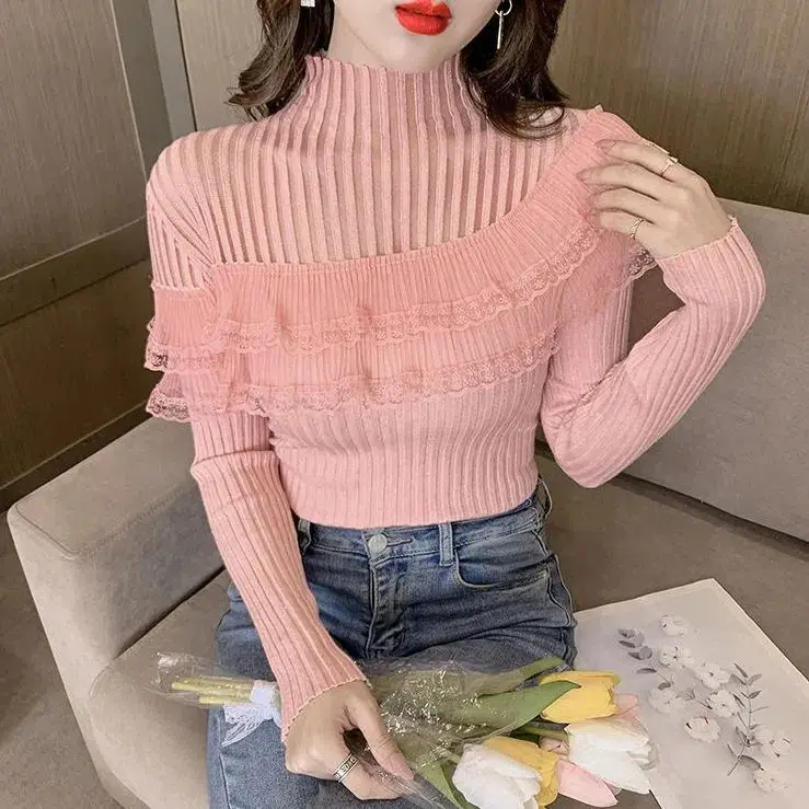 Elegant Turtleneck Hollow Out Ruffles Lace Blouse Female Clothing 2023 Autumn Winter New Casual Pullovers Sweet Shirt