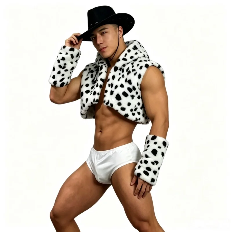 Male Sexy Black White Dot Faux Fur Vest Shorts Set Gogo Dancer Costume Nightclub Bar Party Show Rave Outfit Stage Performance