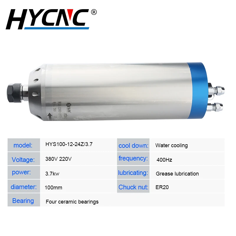 CNC 스핀들 밀링 수냉식 스핀들 모터 D = 100mm, CNC 라우터 스톤 타각기 적합, 3.7kW, 220V, 380V, ER20!