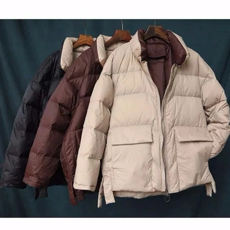 Cappotto invernale Piumino d'anatra bianco Piumino da donna alla moda con colletto alla coreana e tasca calda Piumino da donna Cappotti da donna
