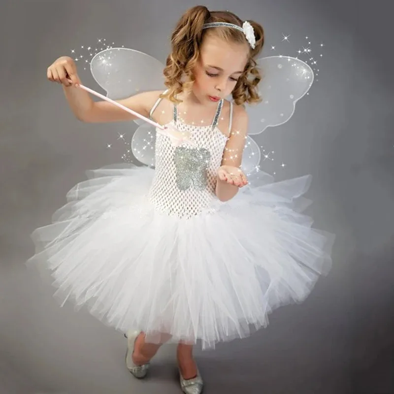 White Tooth Fairy Costume for Girls Christmas Halloween Dresses Kids Angel Elf Princess Ballet Tutus Outfit with Butterfly Wings