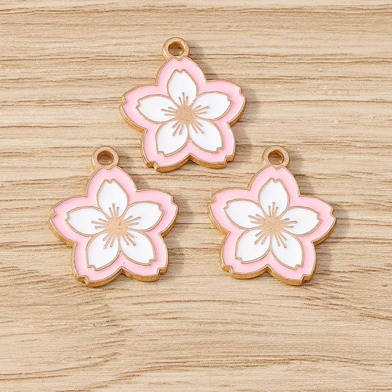 10pcs 17x19mm Fashion Enamel Sakura Flower Charms Pendants for Jewelry Making Necklaces Earrings Bracelets DIY Crafts Supplies