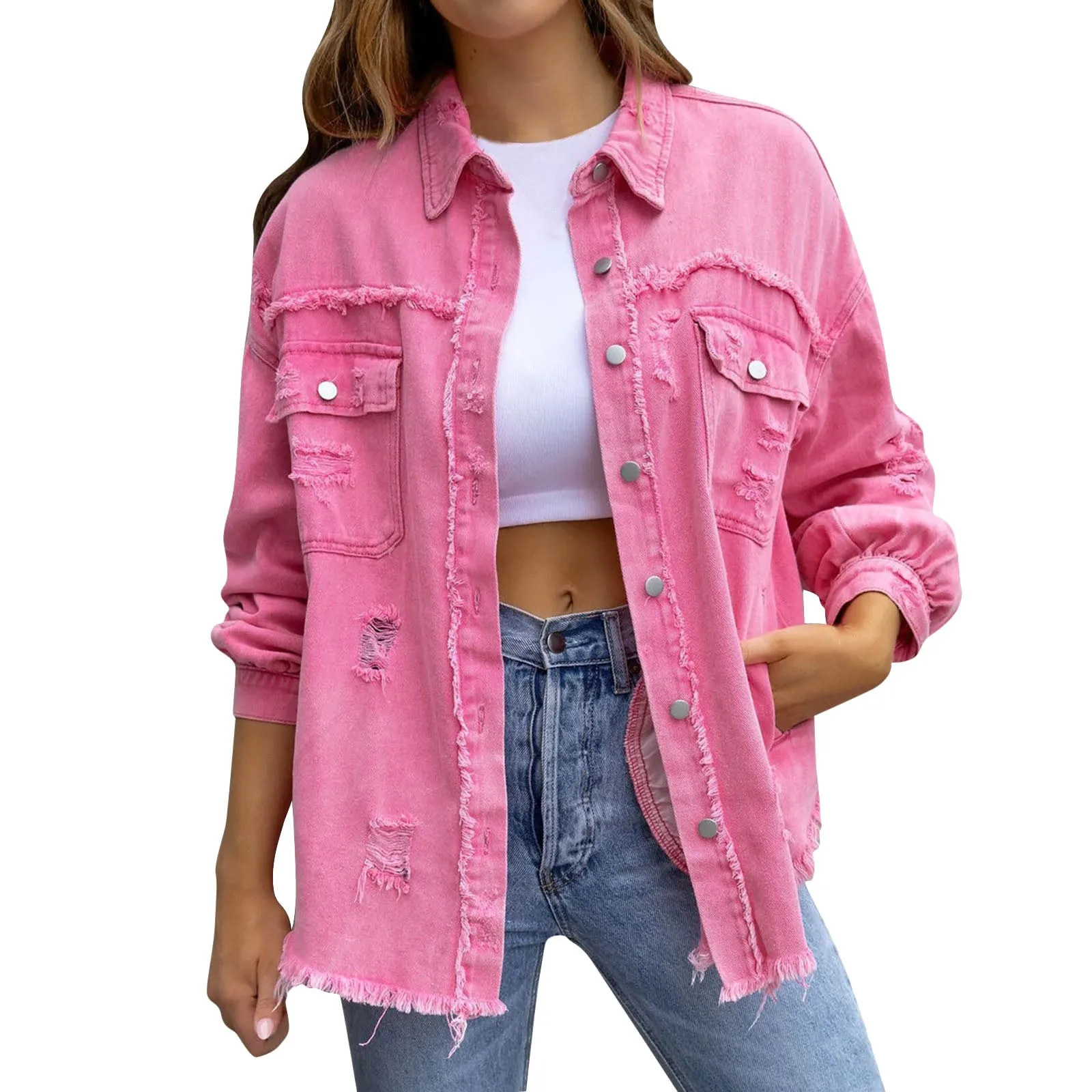 Hip Hop Rough Edges Denim Jacket Ripped Pocket Lapel Long Sleeve Single-breasted Vintage Jeans Jacket Coat Women Spring Coat