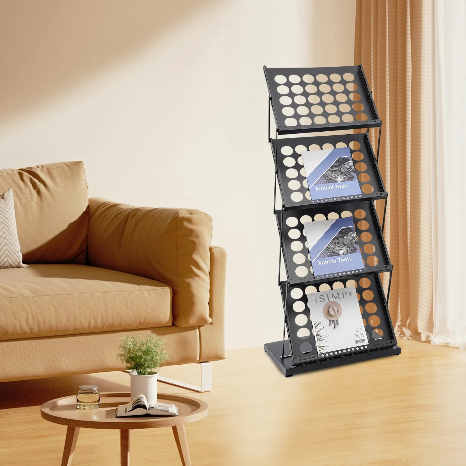 

4-storey A3 folding newspaper rack with perforated grid - black, Foldable Magazine Stand