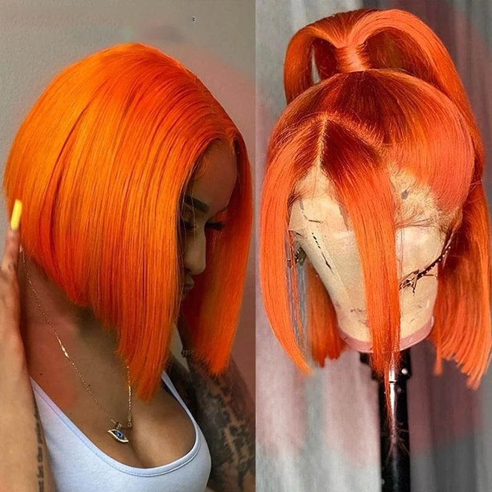 

Soft Middle Part Ginger Orange Preplucked Glueless Short Bob Straight Lace Front Wig For Black Women With BabyHair Daily Cosplay