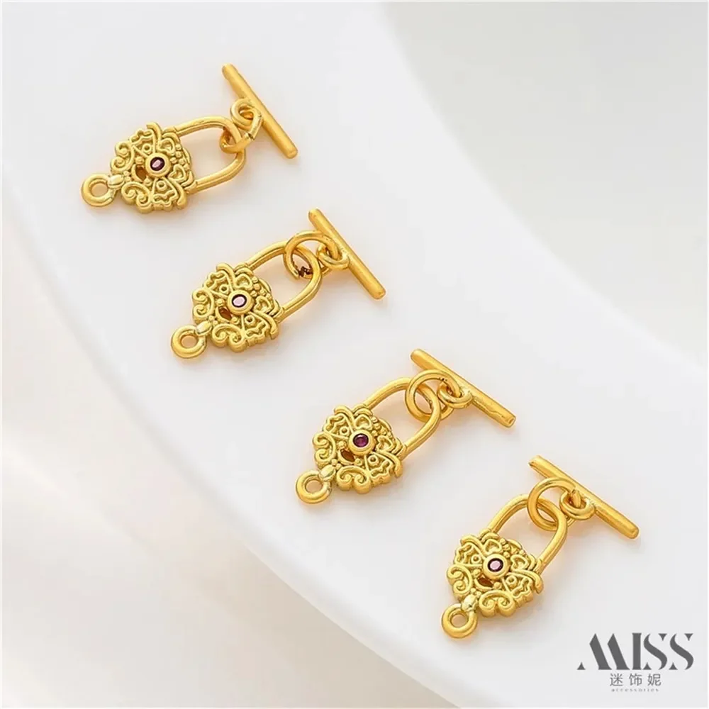 Matte Gold Inlaid Red Green Zircon Lock-shaped OT Buckle DIY Accessories End Connection Buckle Bracelet Hand Jewelry Material