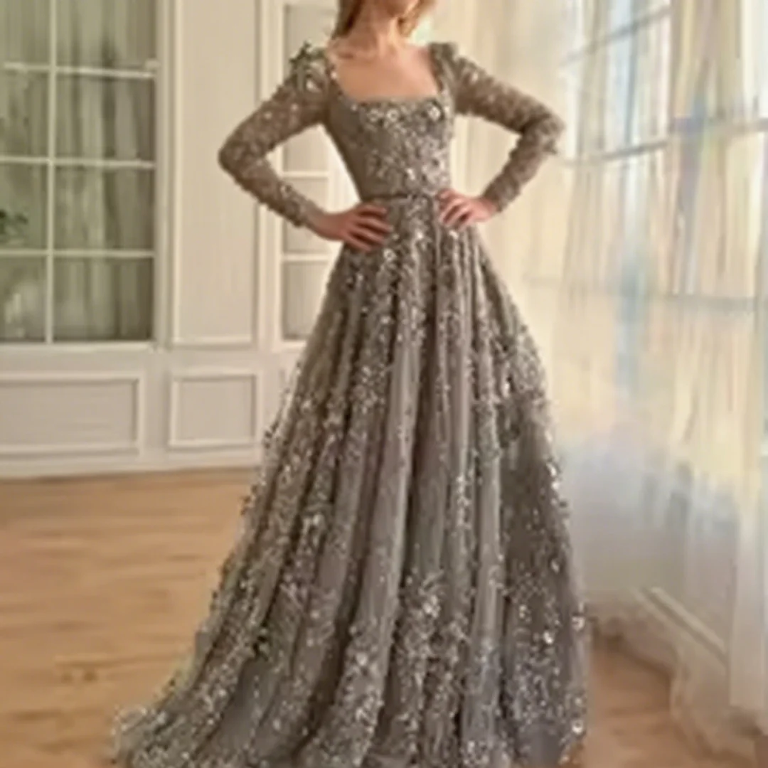 カスタマイズされた絶妙な長袖レース A ラインフロアレングスドレスフォーマルイブニングドレス誕生日パーティーウエディングドレス