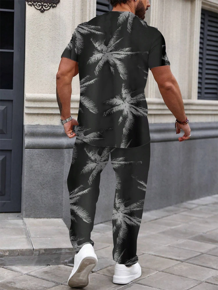 Spring Summer Suit Two Piece Slim Short Sleeve Trouser Set Holiday Summer Palm Tree Print Casual Fashion Simple Sportswear