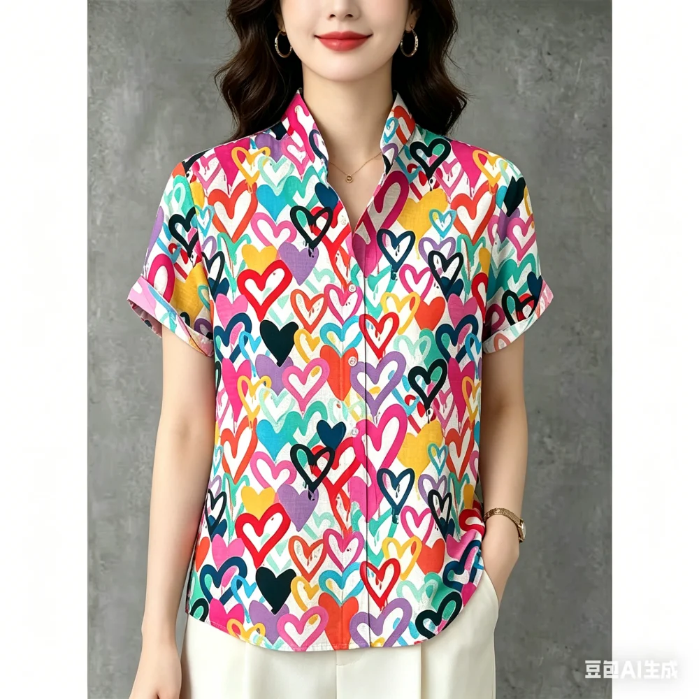 

Colorful Geometric Love Graphic Hawaiian Shirt For Woman 3D Printed Short Sleeve Summer Loose Aloha Shirts Lapel Blouse
