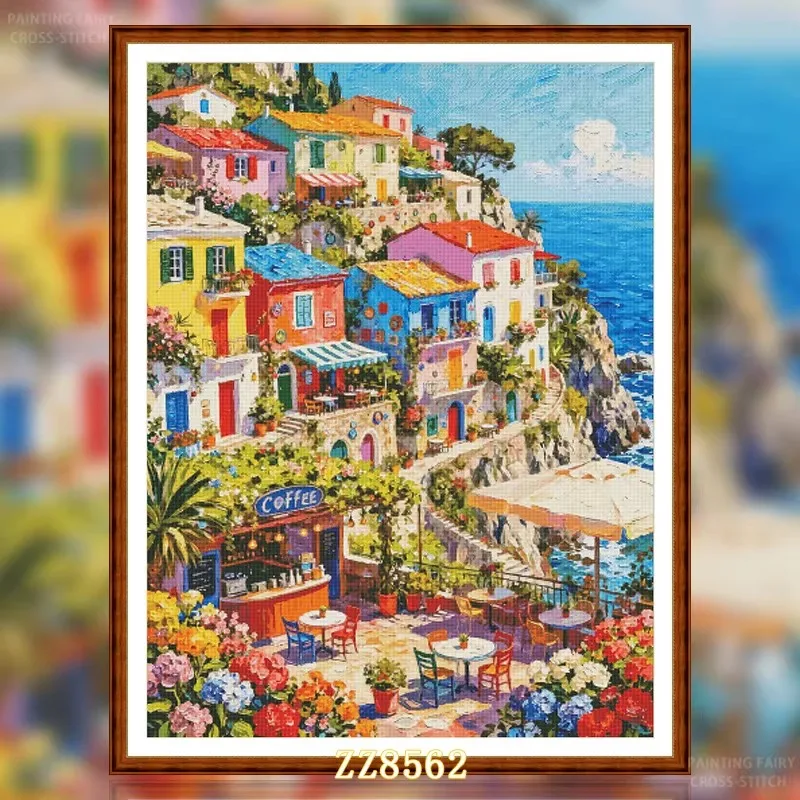 

ZZ8562 Coastal Rainbow Town 14CT 16CT 18CT Stamped Canvas Cross Stitch DIY Set Needlework Embroidery 122 Colors