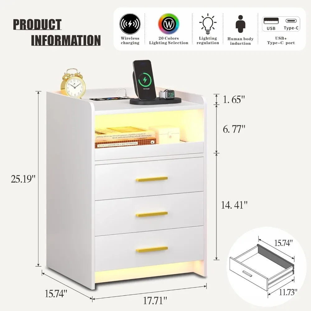 Bedroom Bedside Table LED Modern Bedside Table With RGB Light and Occupancy Sensor Design Living Room Office 3 Drawers Furniture