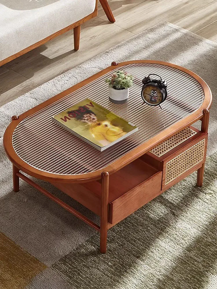 Japanese solid wood tea table, rattan woven small unit, Changhong glass tea table, modern and simple living room, household low