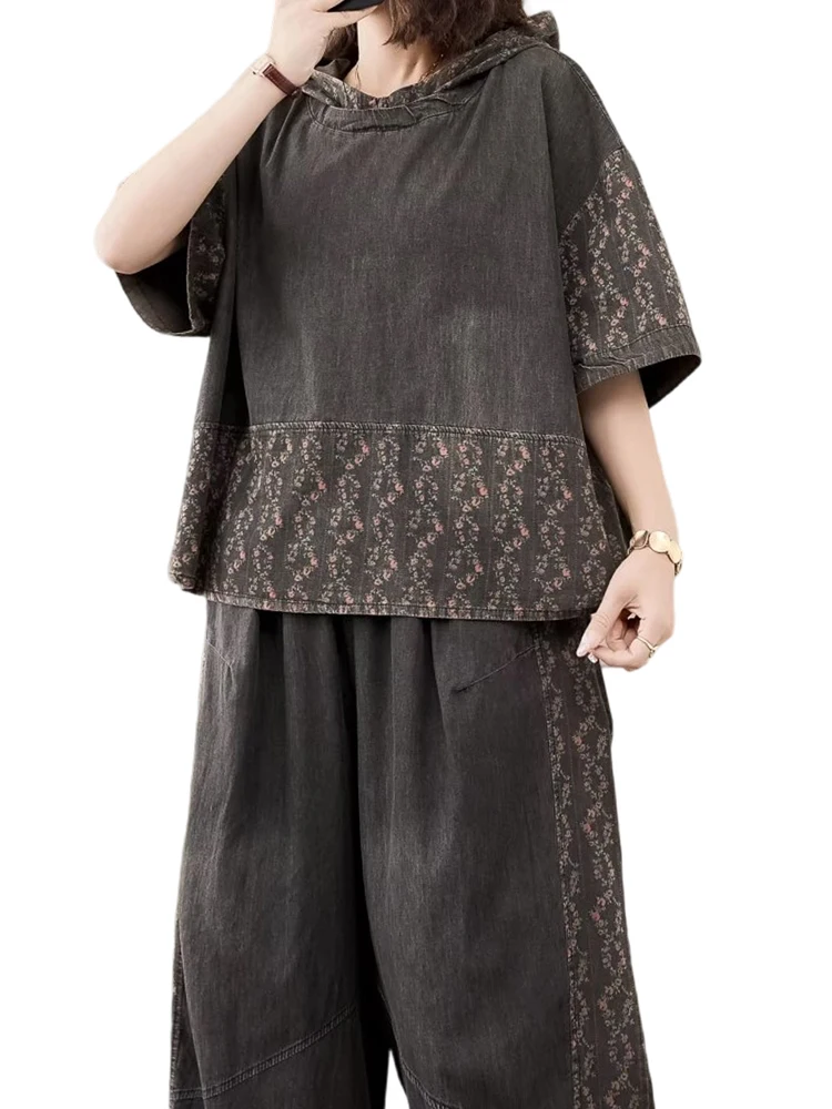 

Amax luluE Summer Printed Suits Womens Fashion Floral 2 Pieces Sets Denim Outfits Loose Tees Hooded Casual Pants Vintage Jeans