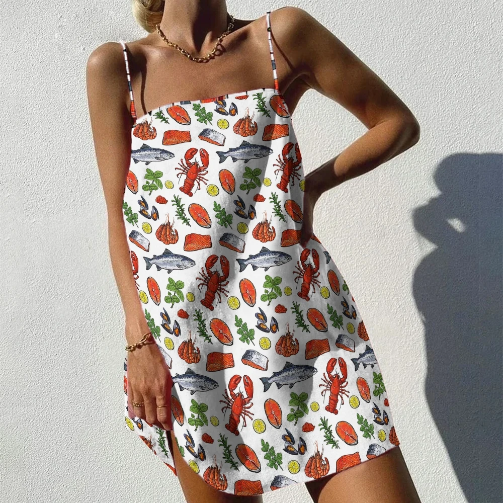 

Women's Casual Braces Skirt Crayfish And Fish Prints One-Piece Dress Clothes Retro Style Holiday Clothing Summer Frock Sundress