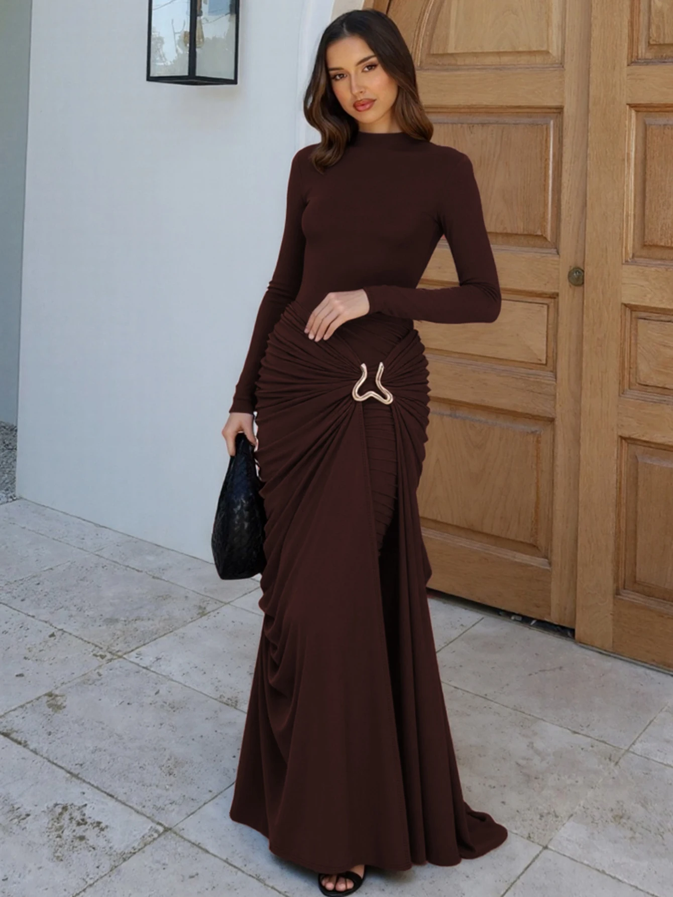 Dulzura Oansatz Lange Ärmel Geraffte Metall Dekoration Schlanke Lange Kleid Frauen Solide Sexy Elegante Kleidung Party Club Herbst Outfit