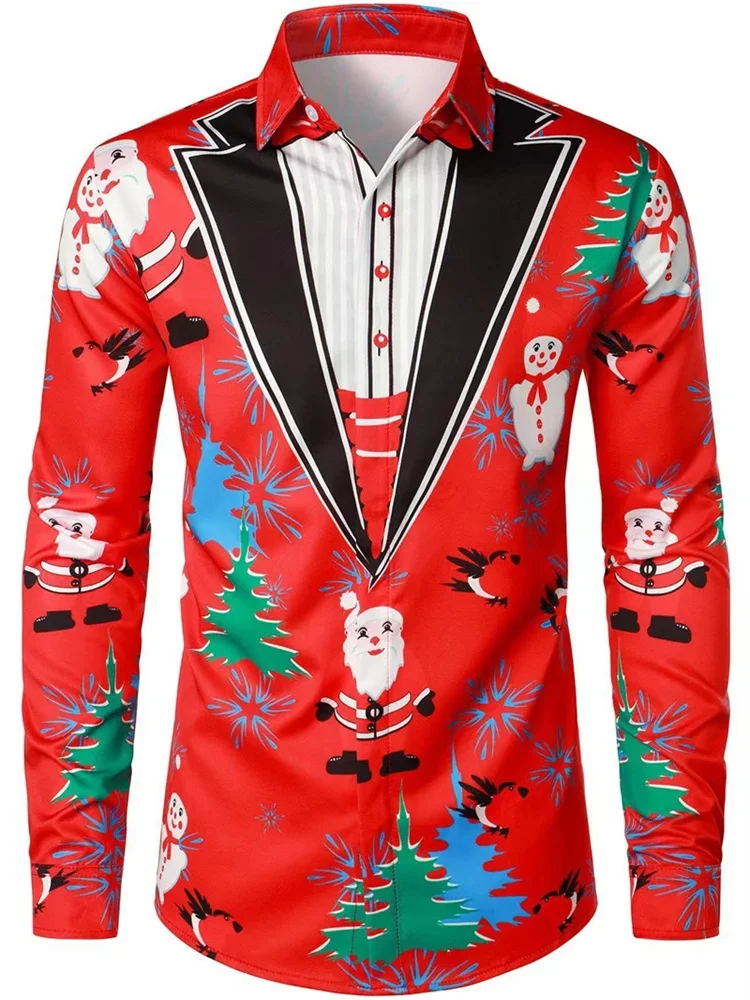 New Men's Long Sleeve Button Shirt Christmas Tree HD Pattern Soft Comfortable Fashionable Simple Casual Family Gathering Shirt